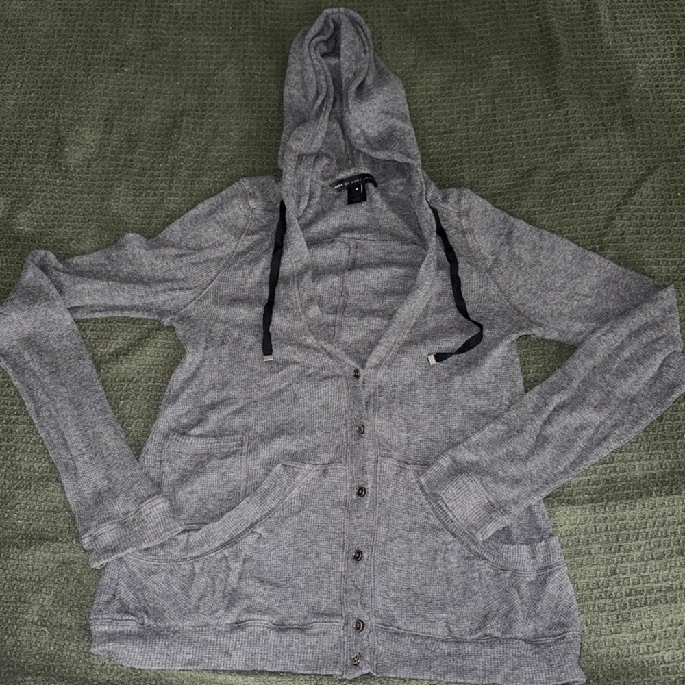 Marc by Marc Jacobs Gray Waffle Knit Button Front Hoodie Cardigan Women's Medium